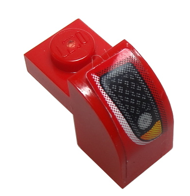 Lego Slope, Curved 2 x 1 x 1 1/3 with Recessed Stud with Silver Grille and Orange Headlight on Red Background Pattern Model Left Side (Sticker) - Set 8185 / Red