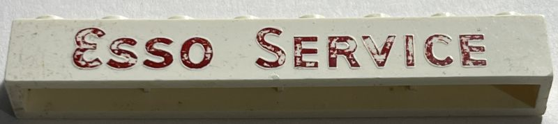Lego Brick 1 x 8 without Bottom Tubes with Cross Side Supports with Red 'ESSO SERVICE' Long Thin with Oval 'O' Pattern / White