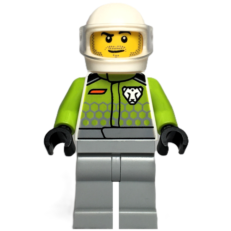 Lego Race Driver, Lime Jacket, Light Bluish Gray Legs, White Helmet