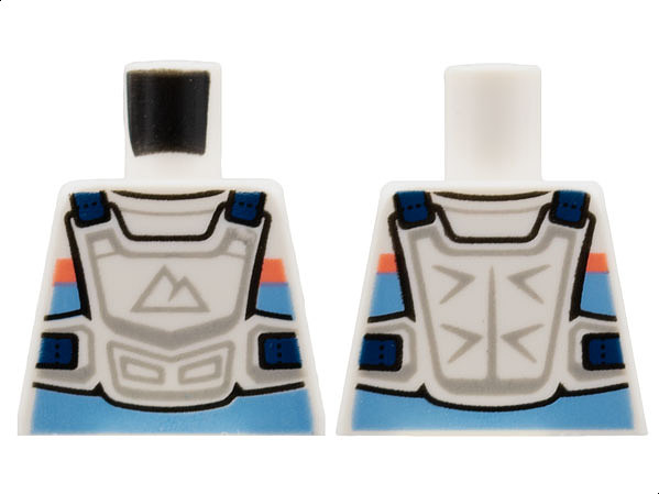 Lego Torso Racing Suit, Bright Light Blue and Coral Stripes, White Chest Protector, Sport Mountains Logo Pattern / White