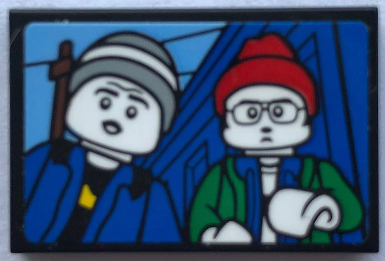 Lego Tile 2 x 3 with 2 Minifigures with Light Bluish Gray and Red Hats, Blue and Green Jackets Pattern (Sticker) - Set 21336