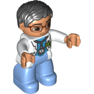 Lego Duplo Figure with Parted Wavy Hair Black, with Glasses, Medic with Medium Blue Legs, Lab Coat and Stethoscope Print / White