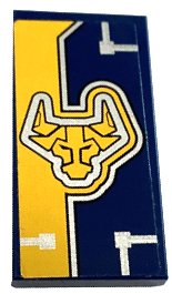 Lego Tile 2 x 4 with Bright Light Orange Stripe, Nexo Knights Bull Head and Silver Circuitry Pattern Model Left Side (Sticker) - Set 70354 / Dark Blue