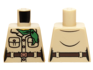 Lego Torso Female Safari Shirt with Pockets and Copper Buttons, Dark Brown Belt with Buckle, Green Neckerchief Scarf, Yellow Neck Pattern / Tan