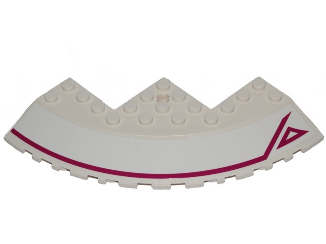 Lego Brick, Round Corner 10 x 10 with Slope 33 Edge, Axle Hole, Facet Cutout with Magenta Stripe and Outlined Triangle Pattern Model Right Side (Sticker) - Set 70849