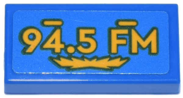 Lego Tile 1 x 2 with License Plate Dark Turquoise and Bright Light Orange '94.5 FM' Pattern (Sticker) - Set 11370 / Blue