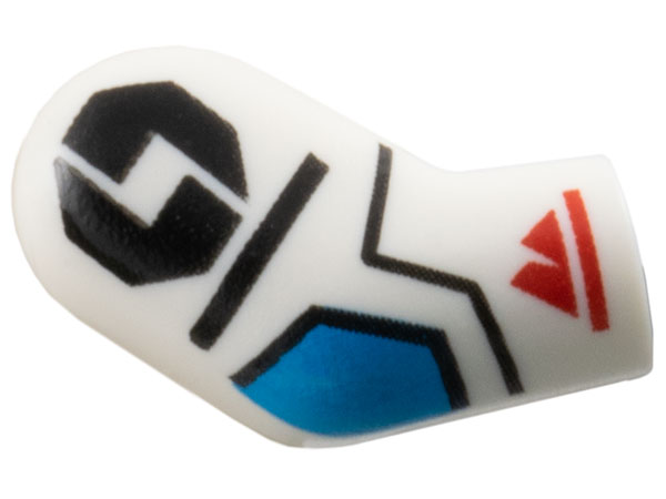 Lego Arm, Right with Black Octagon, Dark Azure Elbow and Red Sport Mountain Logo Pattern / White