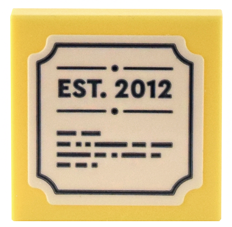 Lego Tile 2 x 2 with White Sign with Cut Corners, Dark Blue 'EST. 2012' and Text Pattern (Sticker) - Set 41732 / Bright Light Yellow
