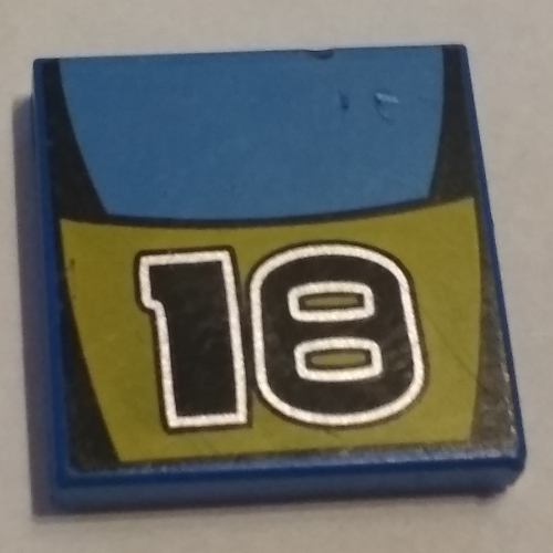 Lego Tile 2 x 2 with Number 18 and Medium Blue / Yellow Stripes Print