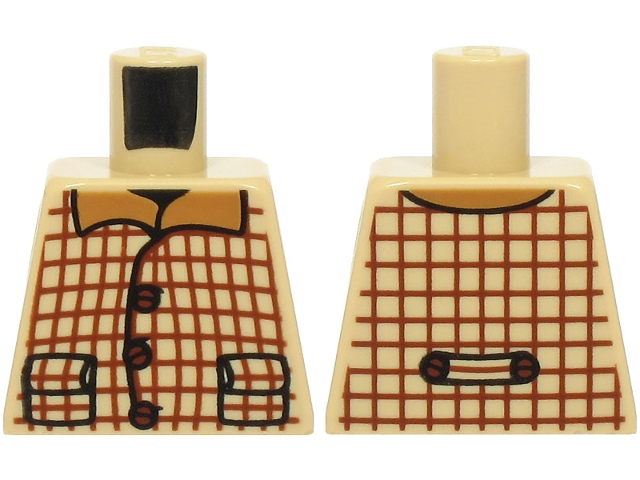 Lego Torso Plaid Vest with Pockets, Reddish Brown Lines and Buttons over Medium Nougat Shirt with Collar Pattern / Tan
