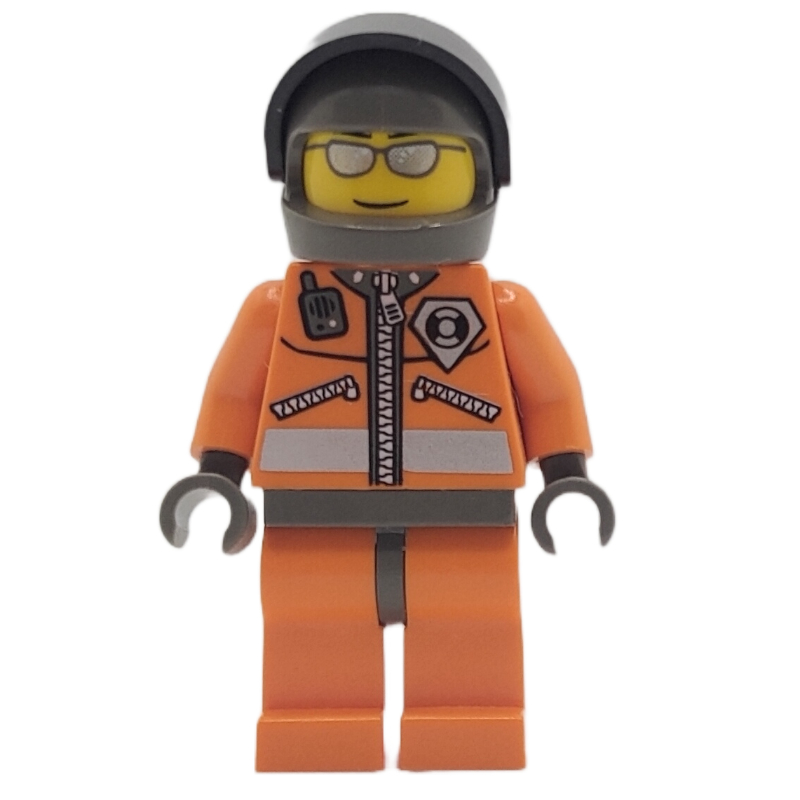 Lego Coast Guard, Orange Jumpsuit with Zipper, Radio, and Badge, Dark Bluish Gray Hands, Dark Bluish Gray Helmet with Visor, Silver Sunglasses