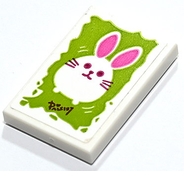 Lego Tile 2 x 3 with Drawing of Rabbit with Pink Ears on Lime Background and 'PAISLEY' Signature Pattern (Sticker) - Set 41731