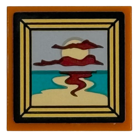 Lego Tile 2 x 2 with Framed Picture of Beach, Sand, Sun and Clouds Pattern (Sticker) - Set 76451 / Dark Orange