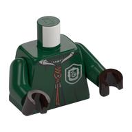 Lego Torso, Quidditch Robe over Sweater, White Collar and Crest (Slytherin) Print, Dark Green Arms, Dark Brown Hands / Dark Green