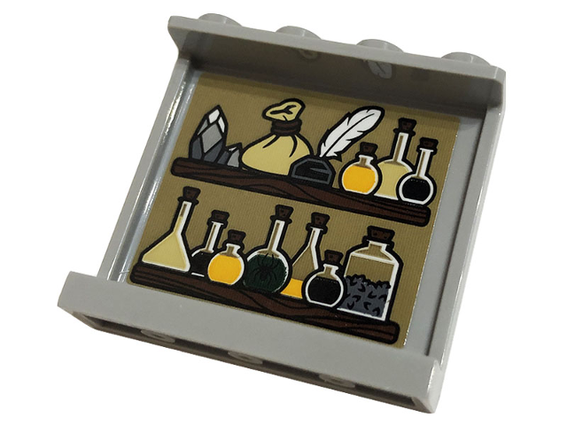 Lego Panel 1 x 4 x 3 with Side Supports - Hollow Studs with Wooden Shelves, Bottles, Feather and Potions Pattern on Inside (Sticker) - Set 76383