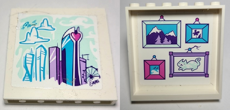 Lego Panel 1 x 6 x 5 with City Skyline Mural Painting on Outside and Hanging Pictures of Mountains, Flower, Wave, and Cat on Inside Pattern (Sticker) - Set 41336 / White