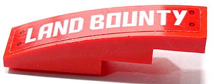 Lego Slope, Curved 4 x 1 with White 'LAND BOUNTY' Pattern Model Left Side (Sticker) - Set 70677 / Red