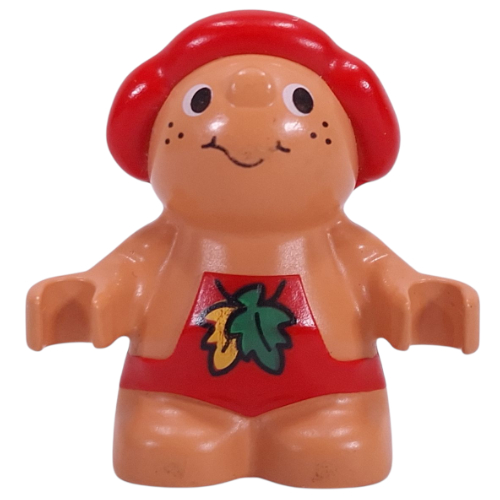 Lego Duplo Figure Little Forest Friend, Male, Red Overalls with Green and Yellow Leaf Print (Baby Jelly Strawberry) / Nougat