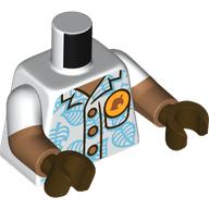 Lego Torso, Dual Molded Arms, Shirt, Medium Azure Leafs, Nougat Buttons, Yellow Pin with Leave print, White Sleeves Pattern, Nougat Arms, Dark Brown Hands / White