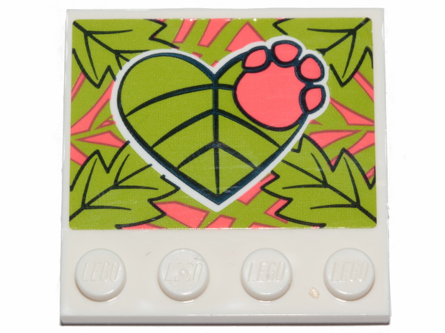 Lego Tile, Modified 4 x 4 with Studs on Edge with Lime Leaves and Coral Paw Pattern (Sticker) - Set 41424 / White
