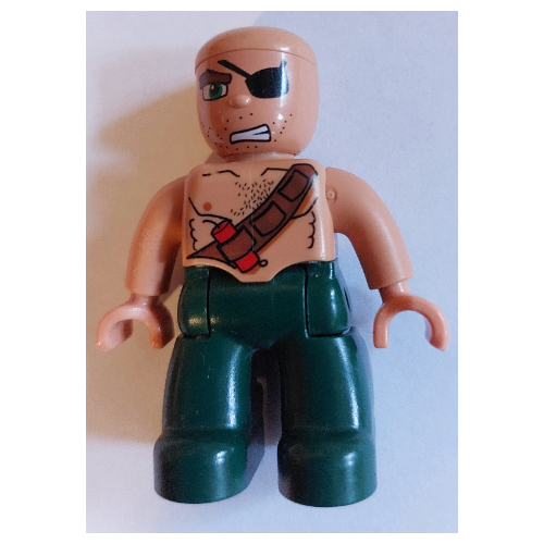 Lego Duplo Figure with Rounded Head with Dark Green Legs, Chest Belt with Dynamite, Eyepatch Print (Pirate)