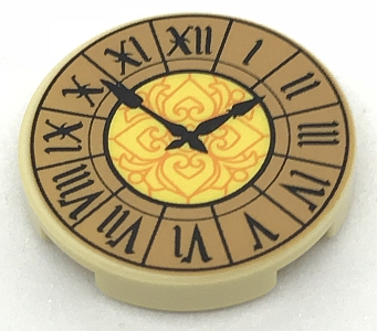 Lego Tile, Round 2 x 2 with Bottom Stud Holder with Clock with Roman Numerals Ornate Pattern