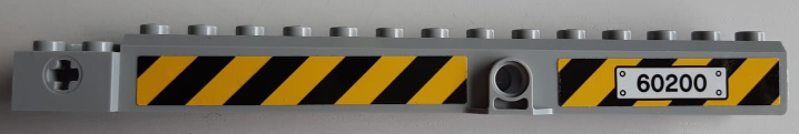 Lego Crane Arm Outside, Wide with Pin Hole at Mid-Point with Black '60200' and Black and Yellow Danger Stripes Pattern on Both Sides (Stickers) - Set 60200 / Light Bluish Gray