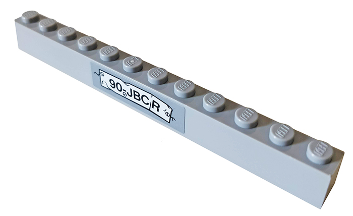 Lego Brick 1 x 12 with '90-JBCR' Pattern (Sticker) - Set 76078 / Light Bluish Gray