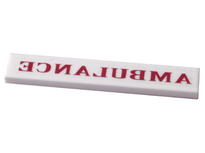 Lego Tile 1 x 6 with Dark Red 'AMBULANCE' Reverse Pattern (Sticker) - Set 7785 / White