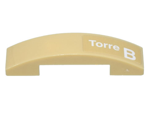 Lego Slope, Curved 4 x 1 x 2/3 Double with White 'Torre B' Pattern Model Left Side (Sticker) - Set 10299 / Tan