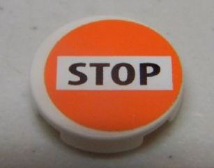 Lego Tile, Round 2 x 2 with 'STOP' on White and Orange Background Pattern (Sticker) - Set 8969 / White