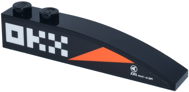 Lego Slope, Curved 6 x 1 with 2 Studs with White 'OKX' and 'FAI rent-a-jet' Logos and Orange Triangle Pattern Model Left Side (Sticker) - Set 77251