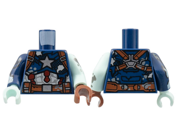 Lego Torso Tattered Captain America Armor Pattern / Light Aqua Arm Left with Splotches Pattern / Dark Blue Arm Right with Torn Sleeve Pattern / Reddish Brown Hand Left / Light Aqua Hand Right