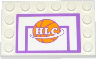 Lego Tile, Modified 4 x 6 with Studs on Edges with Basketball Backboard with Ball and 'HLC' Pattern (Sticker) - Set 41005 / White