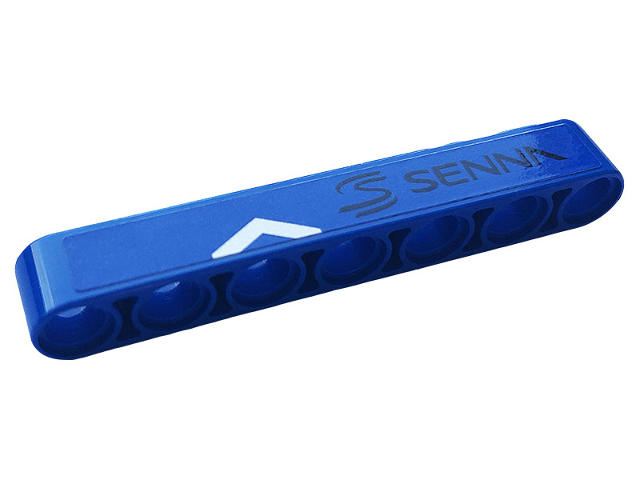 Lego Technic, Liftarm Thick 1 x 7 with Black Logo 'SENNA' and Silver Race Pattern Model Left Side (Sticker) - Set 42123 / Blue