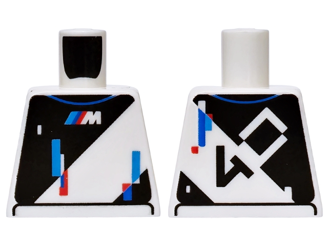 Lego Torso Racing Suit with Black Triangles, Dark Azure, Blue and Red Stripes and BMW M Logo, '40' on Back Pattern / White