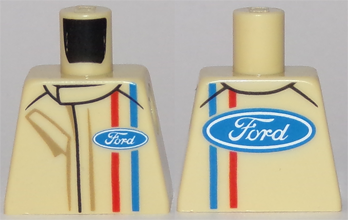 Lego Torso Racing Suit with Ford Logo and Red and Blue Stripes on Front and Back Pattern / Tan