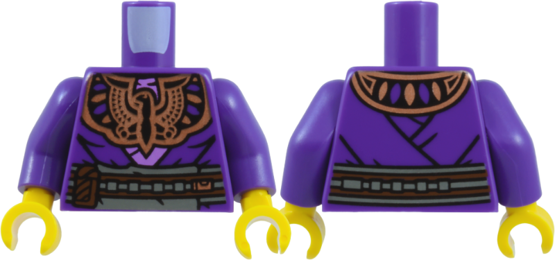 Lego Torso Robe over Medium Lavender Shirt, Copper Winged Scarab Chest Emblem and Collar with Oval Insets, Black Folds, Reddish Brown Rope Belt and Pouches, Dark Bluish Gray Apron Pattern / Dark Purple Arms / Yellow Hands