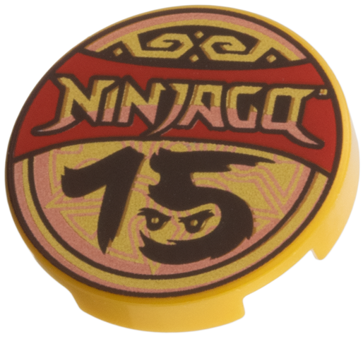 Lego Tile, Round 2 x 2 with Bottom Stud Holder with 'NINJAGO 15', Red Banner, Copper Trim Pattern / Pearl Gold