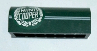 Lego Slope, Curved 1 x 4 x 1 1/3 with 2 Thin White Stripes and 'MINI COOPER' Logo Pattern Model Right Side (Sticker) - Set 10242