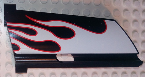 Lego Technic, Panel Fairing #21 Large Long, Small Hole, Side B with White Flames with Red Border Pattern (Sticker) - Set 8682 / Black