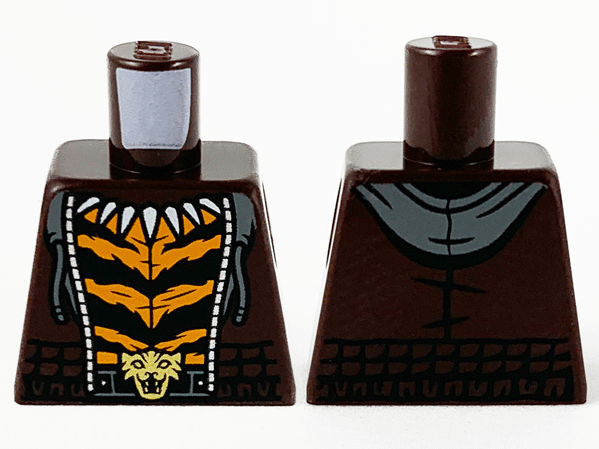 Lego Torso Hoodie, Dark Bluish Gray Hood, Silver Zipper, Fang Necklace, Orange and Black Stripes and Gold Tiger Buckle Pattern / Dark Brown