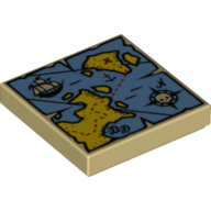 Lego Tile 2 x 2 with Map with Red 'X', Sail Boat, Compass and Blue and Yellow Print