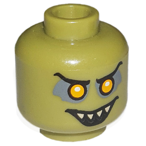 Lego Minifig Head Goblin, Orange Eyes with White Pupils, Black Eyebrows, Open Smile with Pointed Teeth Print / Olive Green
