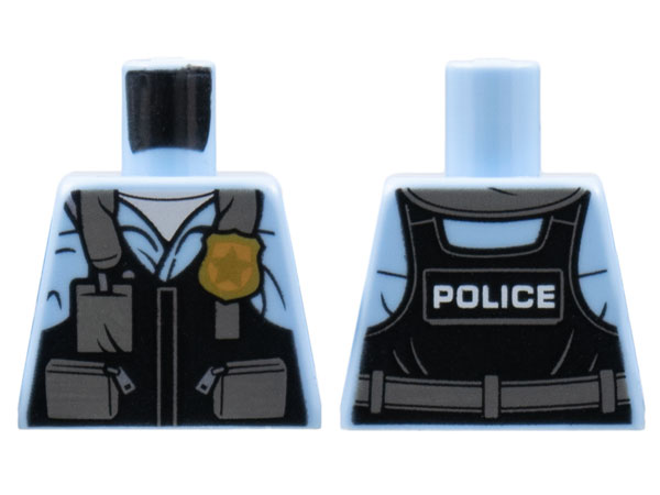 Lego Torso Police Black Pilot Safety Vest with Police Badge and Dark Bluish Gray Pockets Pattern / Bright Light Blue