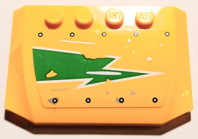 Lego Wedge 4 x 6 x 2/3 Triple Curved with Bright Green and White Worn Lightning Bolt and Silver Rivets Pattern Model Left Side (Sticker) - Set 70429