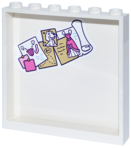 Lego Panel 1 x 6 x 5 with Tan, Bright Pink and Dark Pink Notes, Dress Patterns, Scroll and Dog Pattern (Sticker) - Set 43275 / White