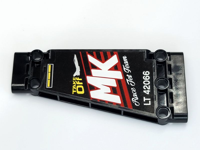Lego Technic, Panel Plate 5 x 11 x 1 Tapered with 'TAKE OFF', 'MK', 'LT 42066' and 'RACE JET TEAM' Pattern Side B (Sticker) - Set 42066 / Black