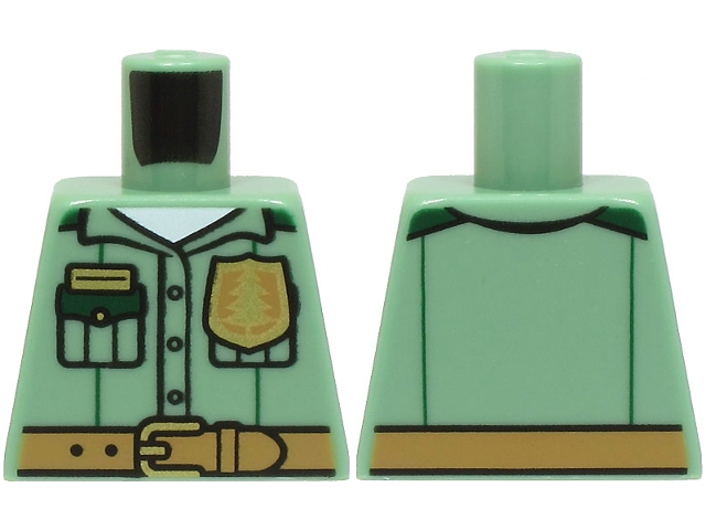 Lego Torso Shirt with 3 Buttons and Dark Green Pockets over White Undershirt, Gold Badge, Medium Nougat Belt Pattern / Sand Green