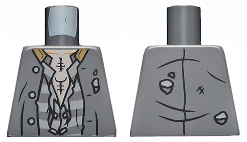 Lego Torso Tattered Jacket, Shirt with Prison Stripes and Light Nougat Chest with Tattoos Pattern / Dark Bluish Gray